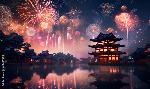 Japanese night fireworks festival with typical Japanese buildings, AI Generative photo