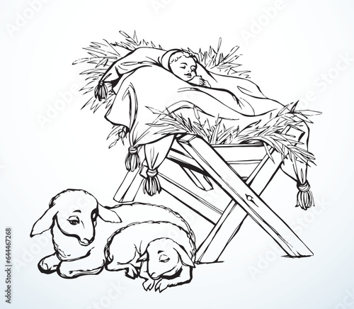 Canvas-taulu Vector drawing. Baby in a manger