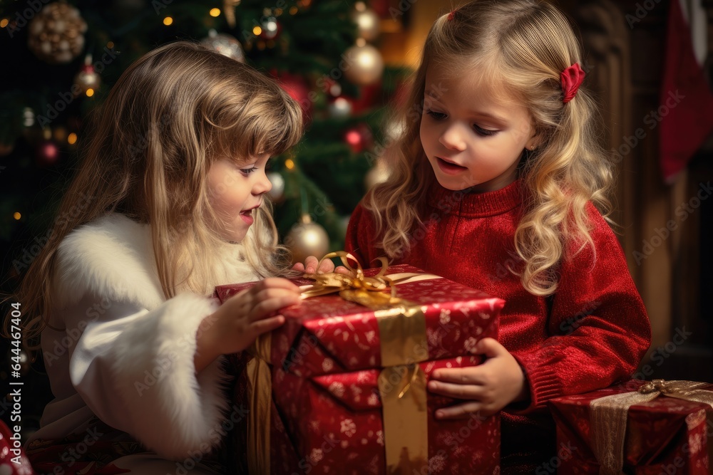 Generative ai of two girls are very excited about the gift boxes they received for Christmas in the house. Generative ai of two girls are very excited about the gift boxes they received for Christmas in the house.