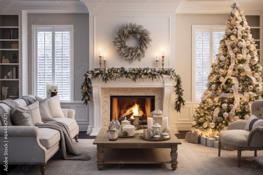 Fototapeta premium Generative ai of inside the house with a Christmas tree and decorated in a warm Christmas theme.