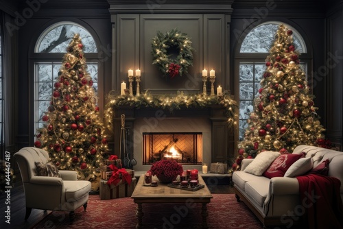 Generative ai of inside the house with a Christmas tree and decorated in a warm Christmas theme.