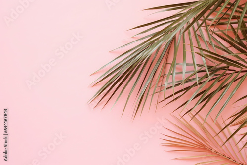 pink texture with palm leaf. pastel background and tropics. flat lay and place for text