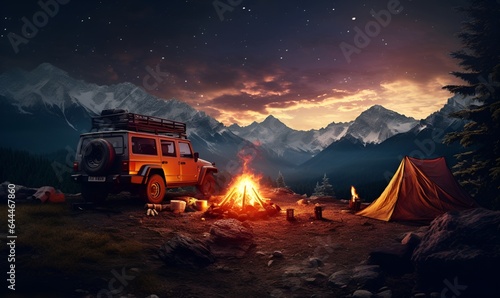 mountain campfire and backpacker car with mountain background, generative ai photo