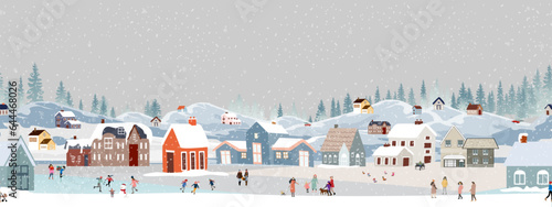 Seamless pattern Winter landscape,Celebrating Christmas and New Year 2024 in village at night with happy people playing ice skate in the park,Vector horizontal banner winter wonderland in countryside.