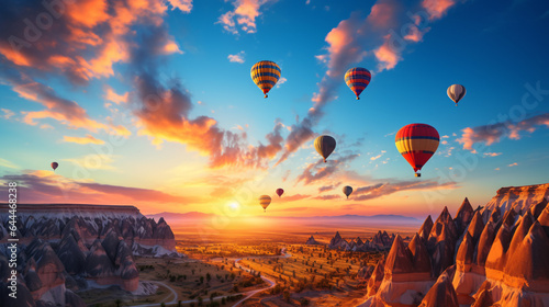 Sunset in the Mountains with Hot Air Balloons
