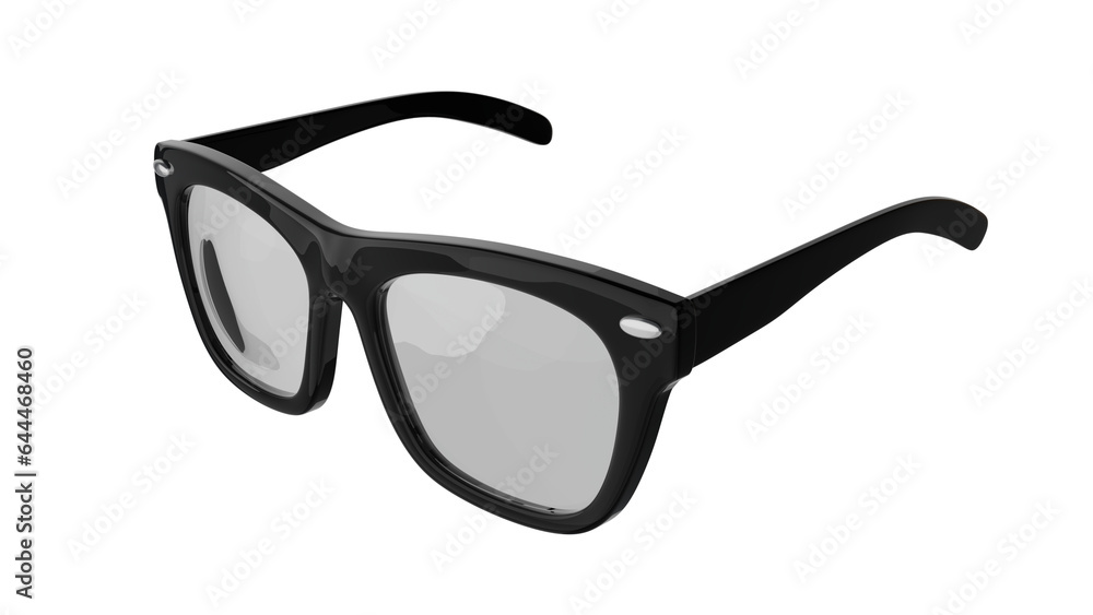 Black frame eyeglasses in right angle isolated on transparent and white background. Glasses concept. 3D render
