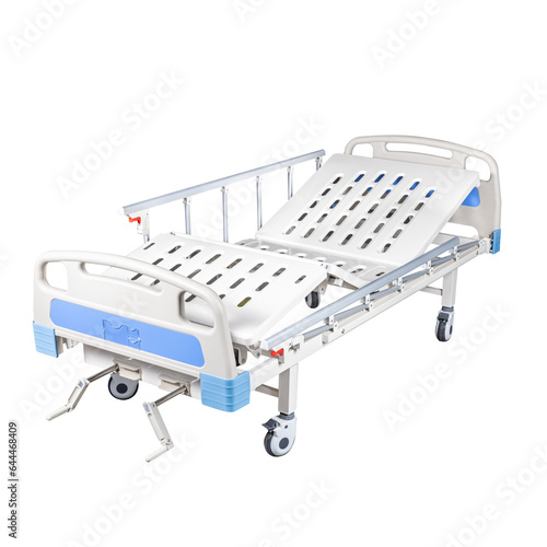 Hospital Bed. Mobile medical Bed under the white background. Electric Variable Height Bed. Medical Equipment.