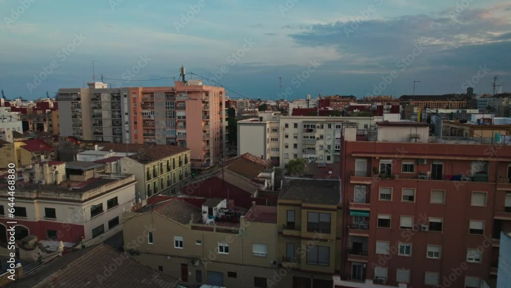 Aerial view of Cityscape with Skyline and Crowded Residential Area Near the Sea El Cabanyal, Valencia, Spain Aerial view of Cityscape with Skyline and Crowded Residential Area Near the Sea El Cabanyal, Valencia, Spain