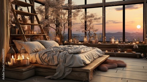 bedroom in a penthouse with a beautiful view from the window