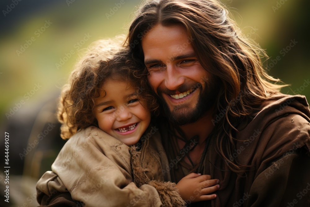 portrait of jesus with little girl in arm portrait of jesus with little girl in arm