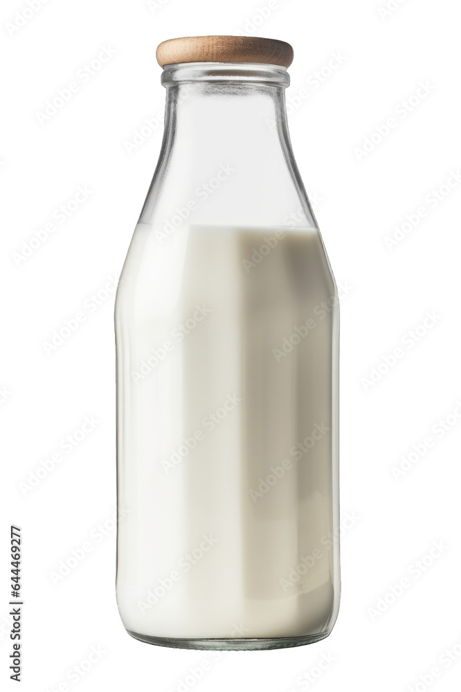 Isolated classic glass milk bottle full of milk on cutout PNG background Isolated classic glass milk bottle full of milk on cutout PNG background