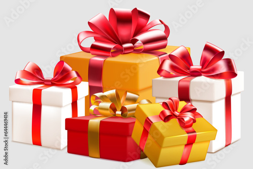 Festive illustration with several colored gift boxes with ribbons and bows