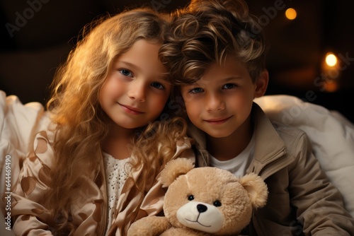 boy and girl with soft toy bear