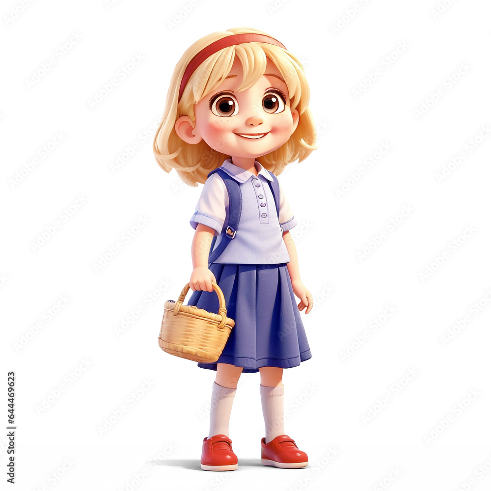 Girl in full height. A little girl in a dress with a basket in her hands is smiling. Isolated on transparent background. 3d. png Girl in full height. A little girl in a dress with a basket in her hands is smiling. Isolated on transparent background. 3d. png