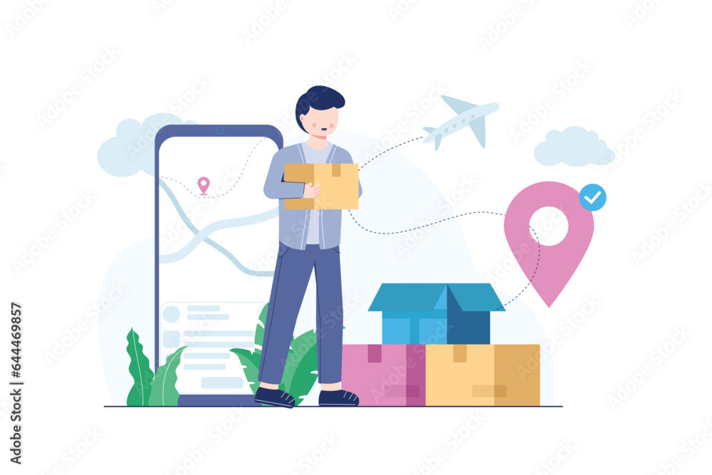 Courier delivers goods and parcel ordered from online store. Package shipping service concept with people character scene in colored flat illustration Courier delivers goods and parcel ordered from online store. Package shipping service concept with people character scene in colored flat illustration