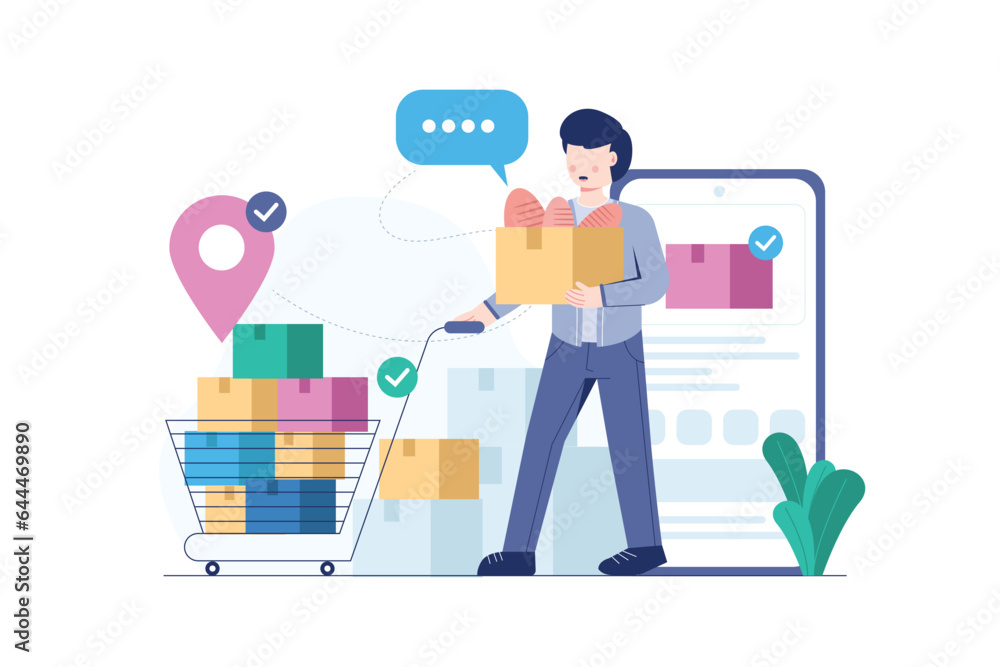 Courier delivers goods or parcel ordered from online store. Package shipping service concept with people character scene in colored flat illustration