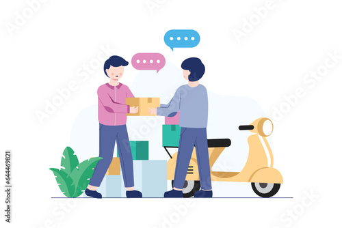 Courier delivers goods or parcel with motorcycle ordered from online store. Package shipping service concept with people character scene in colored flat illustration