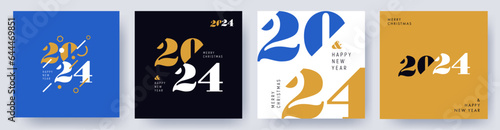 Creative concept of 2024 Happy New Year posters set. Design templates with typography logo 2024 for celebration and season decoration. Minimalistic trendy backgrounds for branding, banner, cover, card