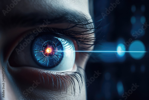 Creative closeup of eye, laser vision correction method. Modern technologies for vision correction. 3d render style. photo