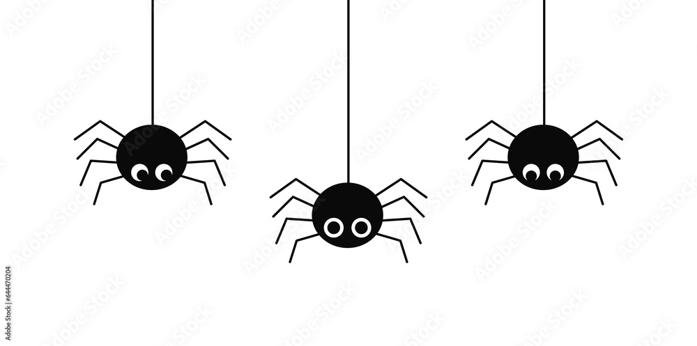 Cute three spiders hanging on the web isolated on white background. Halloween vector illustration.