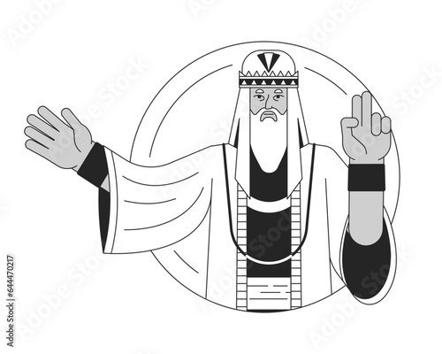 Bearded wise man flat line black white vector character. Showing getures. Traditional clothes. Editable outline half body person. Simple cartoon isolated spot illustration for web graphic design