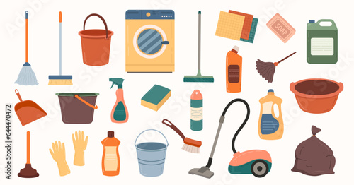 Set tools for cleaning supplies isolated on white background. Vector illustration of housework items