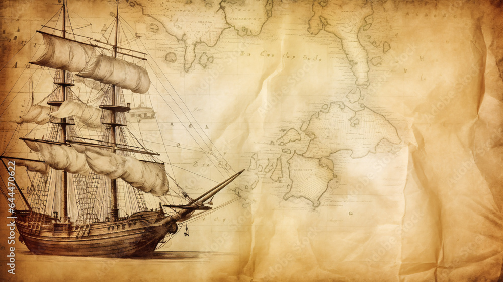 Fototapeta premium Charting the Past: Ancient Sailboat, Compass, and Historic Map. This concept unearths the realm of sea voyages, discoveries, pirates, sailors, geography, and history