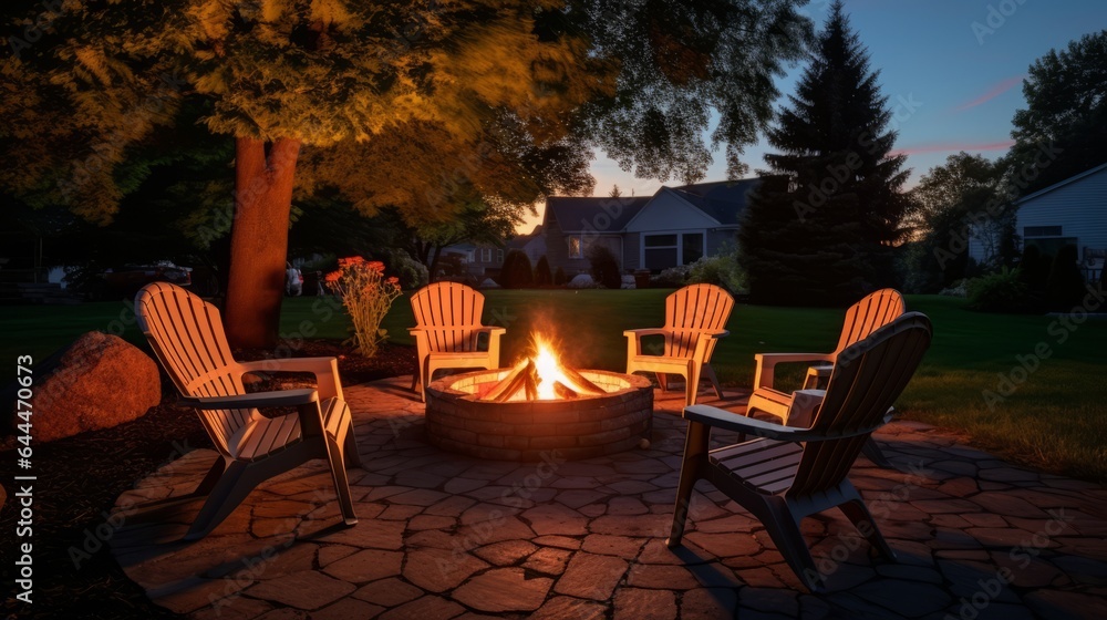Four chairs surrounding a cozy fire pit in the backyard