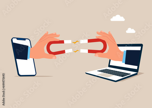 Smartphone and laptop confront with a magnet. Flat vector illustration