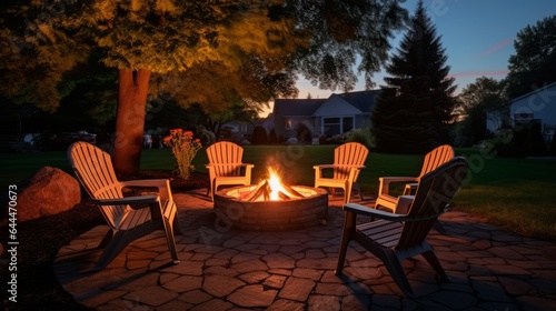 Four chairs surrounding a cozy fire pit in the backyard