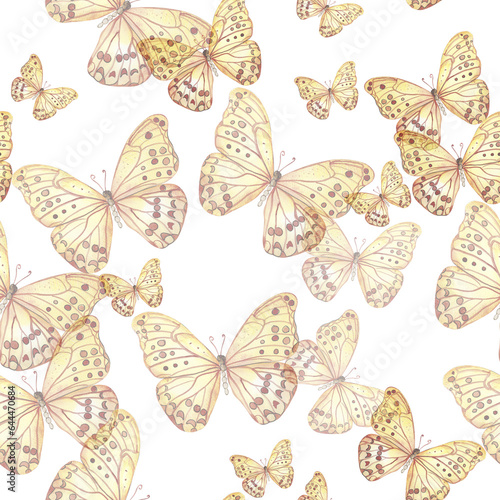 Seamless pattern with butterflyes. Watercolor handdrawn illustration with spring flowers, butterflies and fairy ballerina. Applicable for textiles, decor. Can be used as a background.