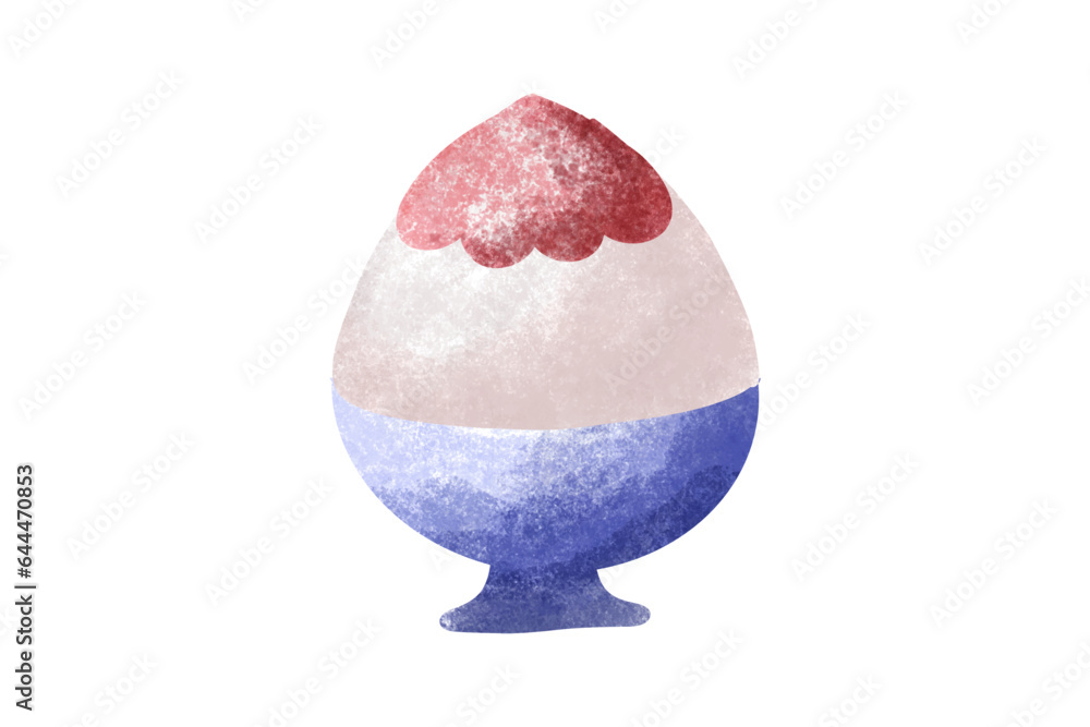 Chalk paint and drawing concept. Shaved ice with strawberry sauce topping on ice in blue blow on white background. Chalk paint and drawing concept. Shaved ice with strawberry sauce topping on ice in blue blow on white background.