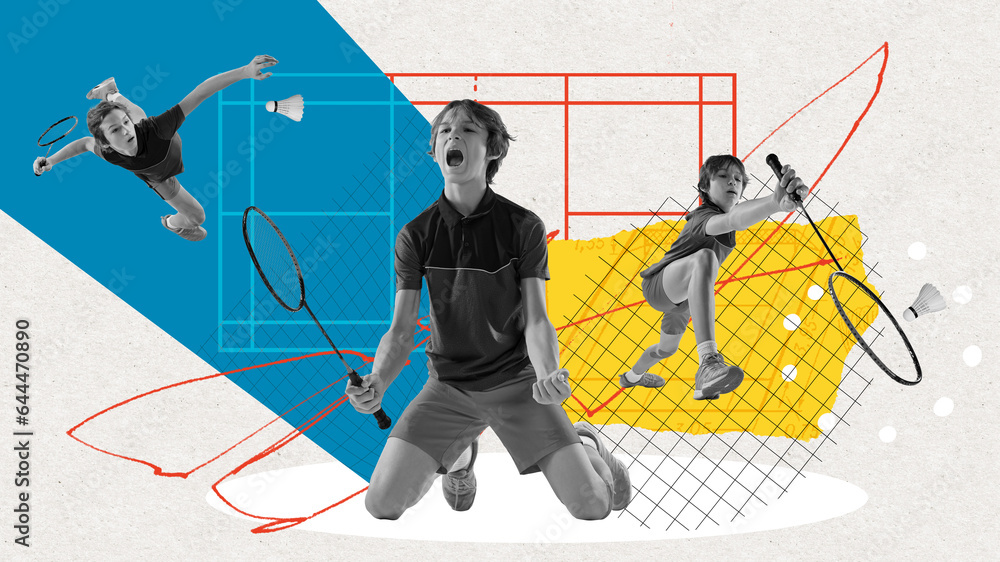 Obraz premium Boy, child playing badminton, training, Sport school and hobby. Active childhood. Contemporary art collage. Concept of professional sport, game, competition and active lifestyle. Banner, flyer, ad