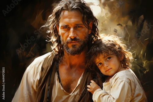 portrait of jesus with little girl in arm photo