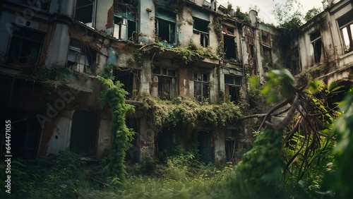 The haunted building has been abandoned for a long time, filled with plants and wild grass. horror and mystery concept