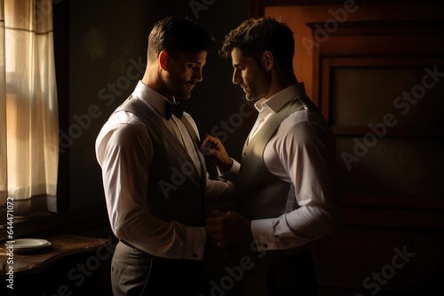 gay wedding photography. Two stylish men dress each other.