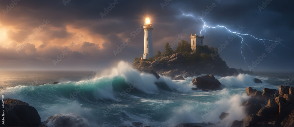 Wide-angle shot of a luminous lighthouse on a rock in a stormy sea against the backdrop of thunderclouds with flashes of lightning. Dramatic seascape.