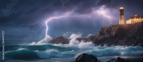 Wide-angle shot of a luminous lighthouse on a rock in a stormy sea against the backdrop of thunderclouds with flashes of lightning. Dramatic seascape.