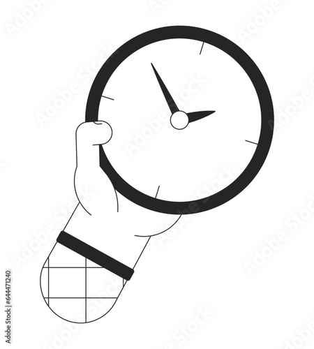 Holding clock for checking time bw concept vector spot illustration. Showing time 2D cartoon flat line monochromatic hand for web UI design. Editable isolated outline hero image