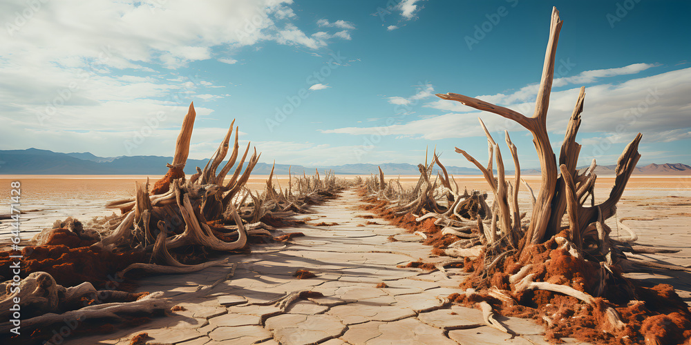 Fototapeta premium Dead trees on dry, cracked ground. Drought concept
