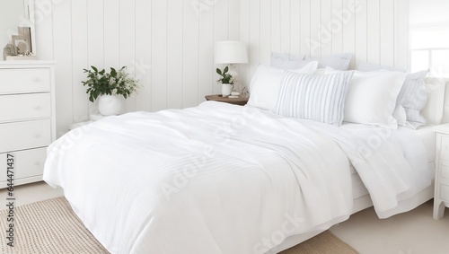 Nicely decorated bedroom with white linens and striped towels.