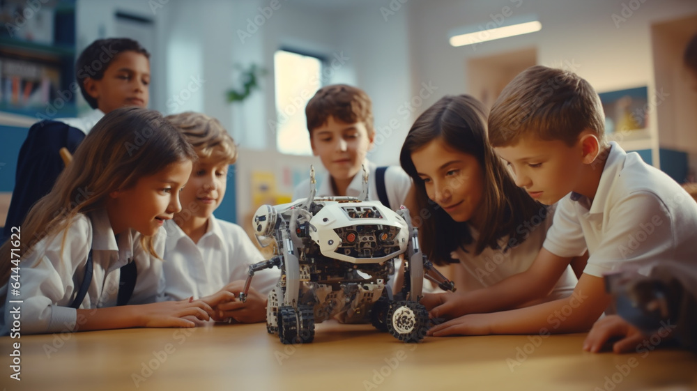 Elementary school coding: Teacher demonstrates mechanical robot ...