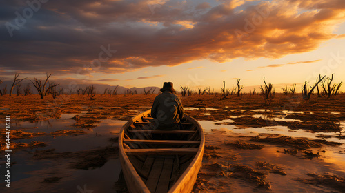 A man sits in a boat in a dried-up river. Drought concept photo