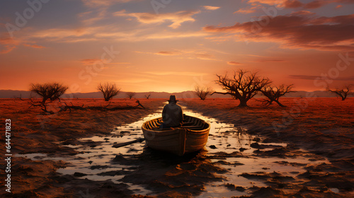 A man sits in a boat in a dried-up river. Drought concept © Kateryna Kordubailo