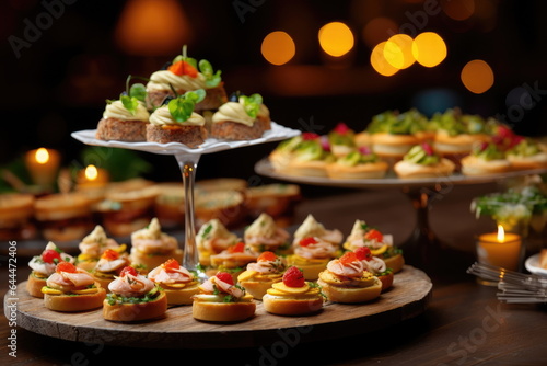 Buffet food, catering food party at restaurant, mini canapes, snacks and appetizers