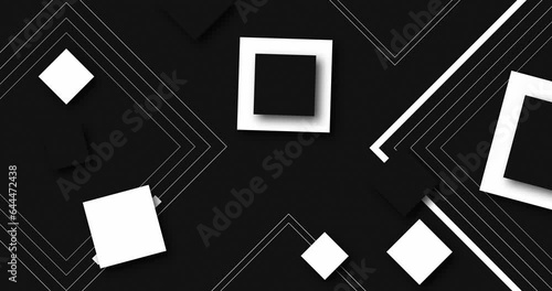 abstract geometrical shapes animated motion graphics background. assorted white color square, square rings and oulines rotating and moving over black background.  photo