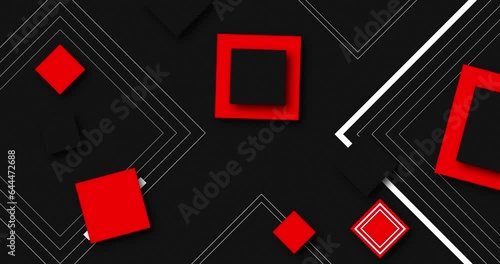 abstract geometrical shapes animated motion graphics background. assorted red color square, square rings and oulines rotating and moving over black background.  photo
