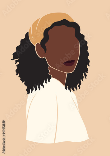 abstabstract boho art, black african woman of color in a headscarf, romantic summer girl portrait, isolated vector illustration, cottagecore poster