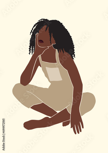 trendy abstract boho art, black african woman of color in overalls, cute, relaxed summer fashion girl portrait, isolated vector illustration, cottagecore poster