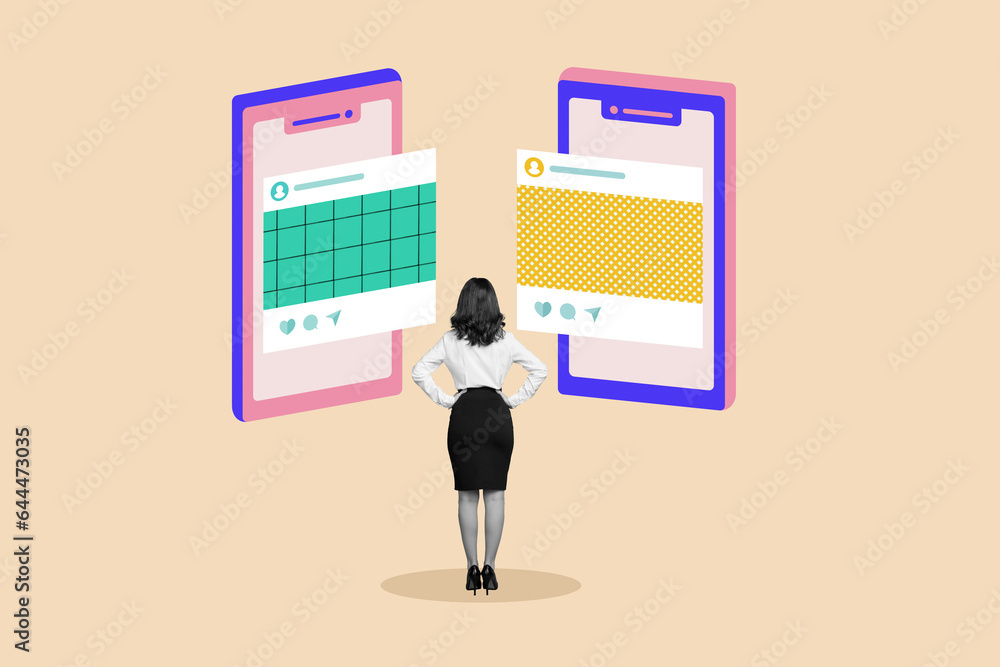 Poster image collage magazine of unknown woman look telephone screen read instagram facebook post isolated on beige color background Poster image collage magazine of unknown woman look telephone screen read instagram facebook post isolated on beige color background